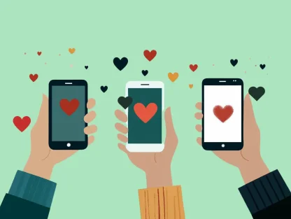Three hands holding mobile phones with pictures of hearts