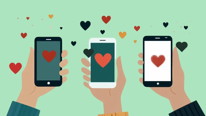Three hands holding mobile phones with pictures of hearts