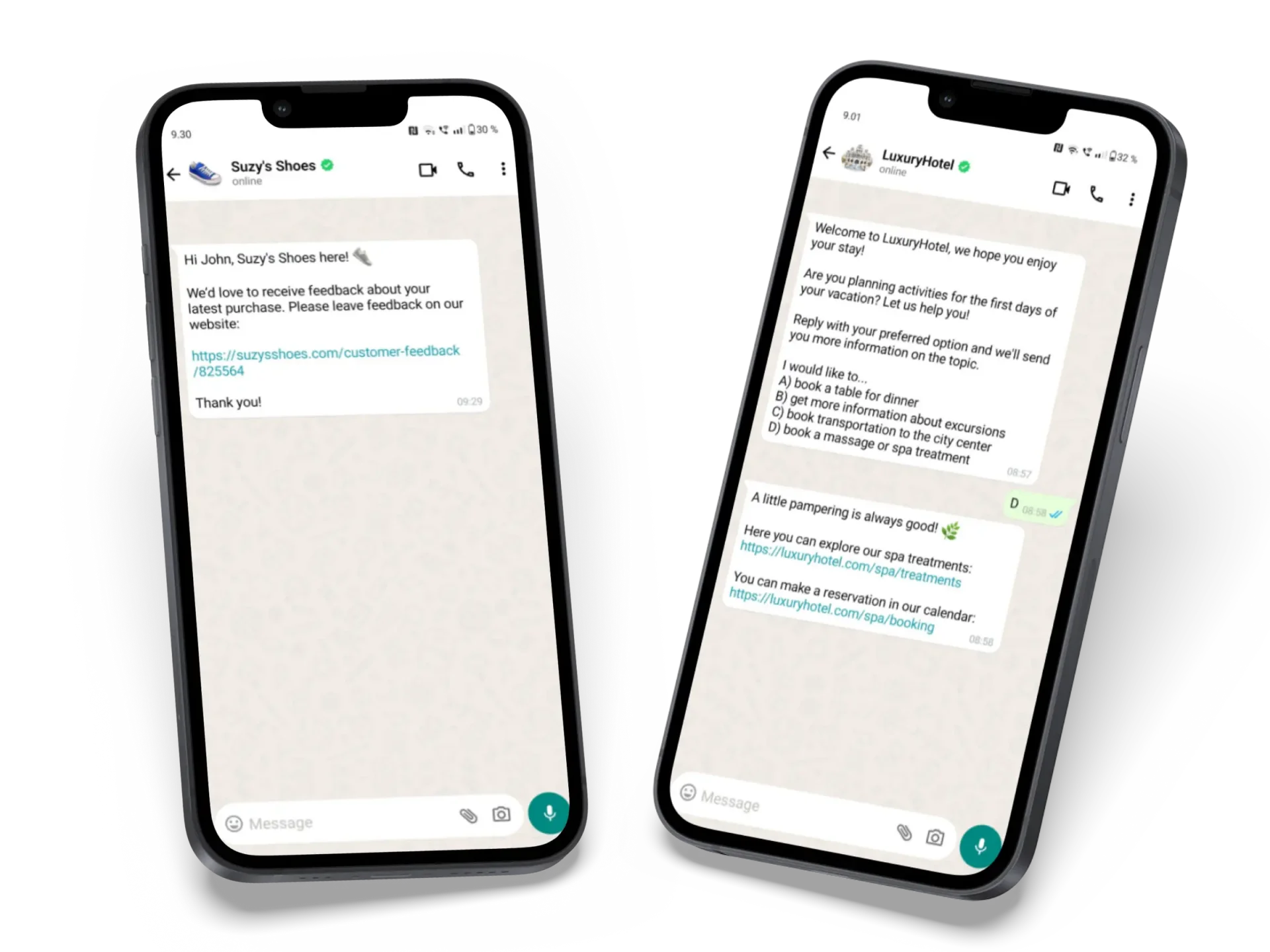 Two phones showing automated WhatsApp conversations, automated by using marketing automation solution LianaAutomation
