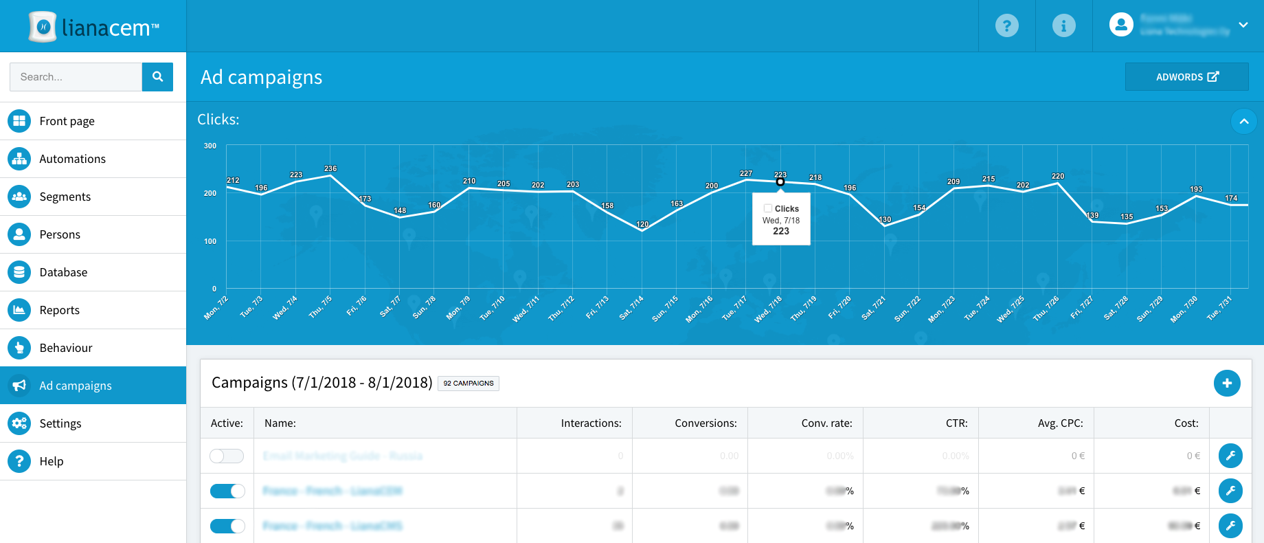 LianaCEM has Google Adwords integrated