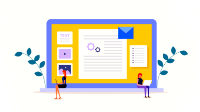 Illustration of a laptop and two women sitting in front of it